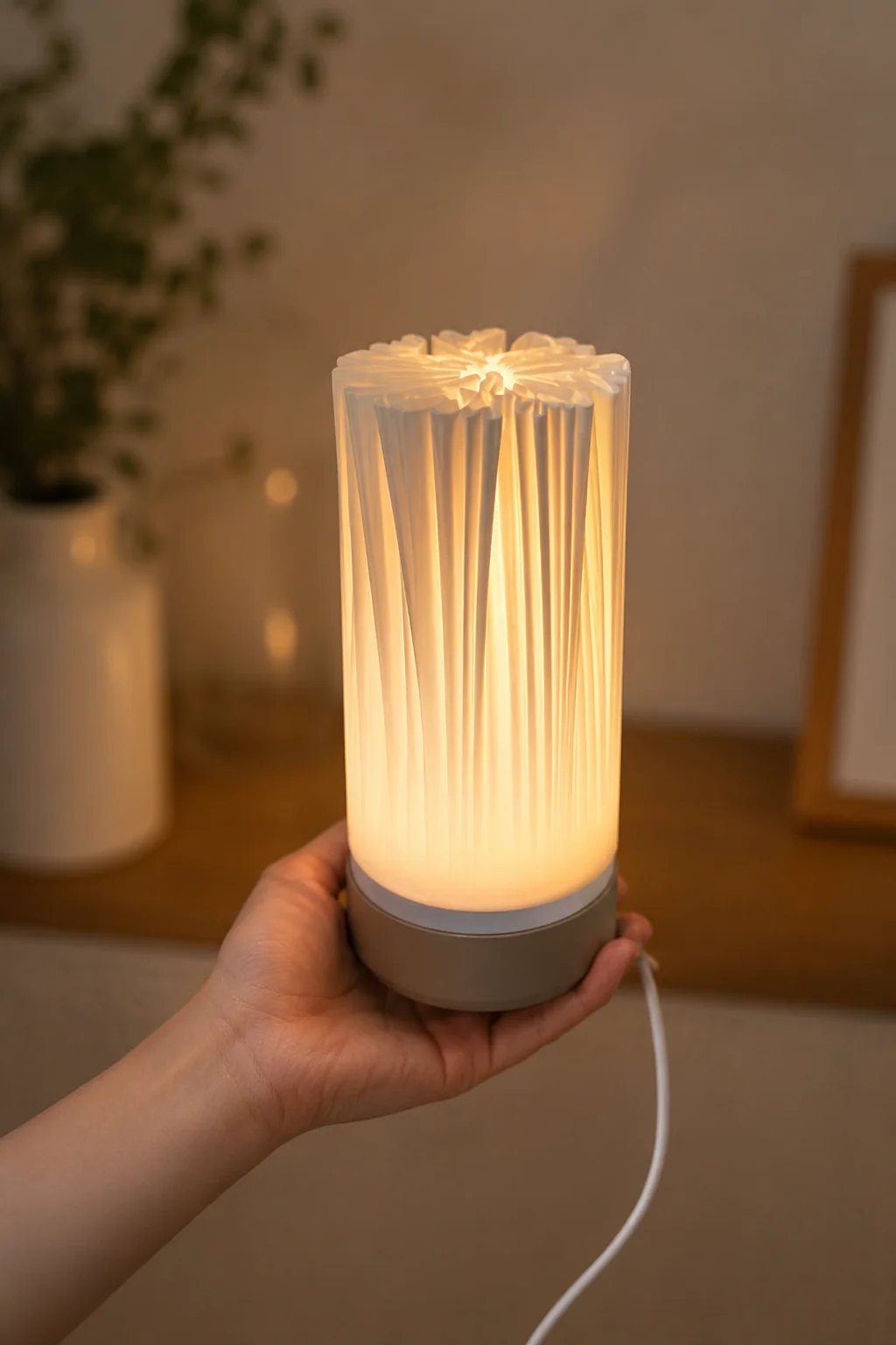 Lámpara Origanis encendida sostenida en la mano